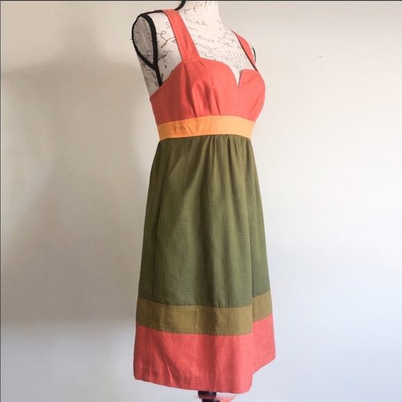 TRINA TURK Silk Cotton Colorblock Stripe Orange Green Gold Tank Top Midi Dress 4 - Picture 2 of 8